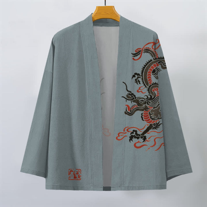 Buddha Stones Kimono da uomo in cotone nero con motivo drago rosso e apertura frontale. - image 7
