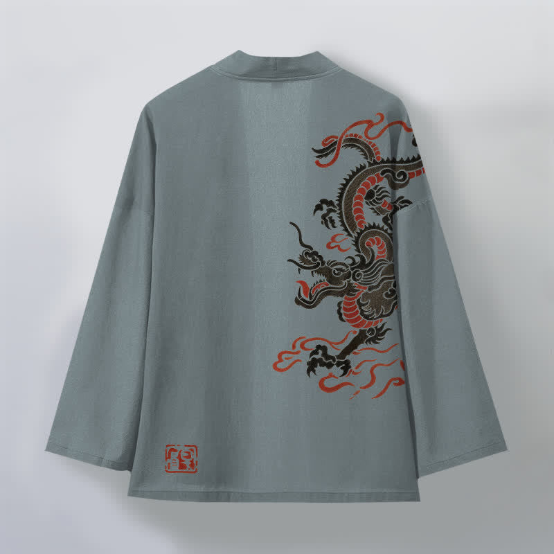 Buddha Stones Kimono da uomo in cotone nero con motivo drago rosso e apertura frontale. - image 8