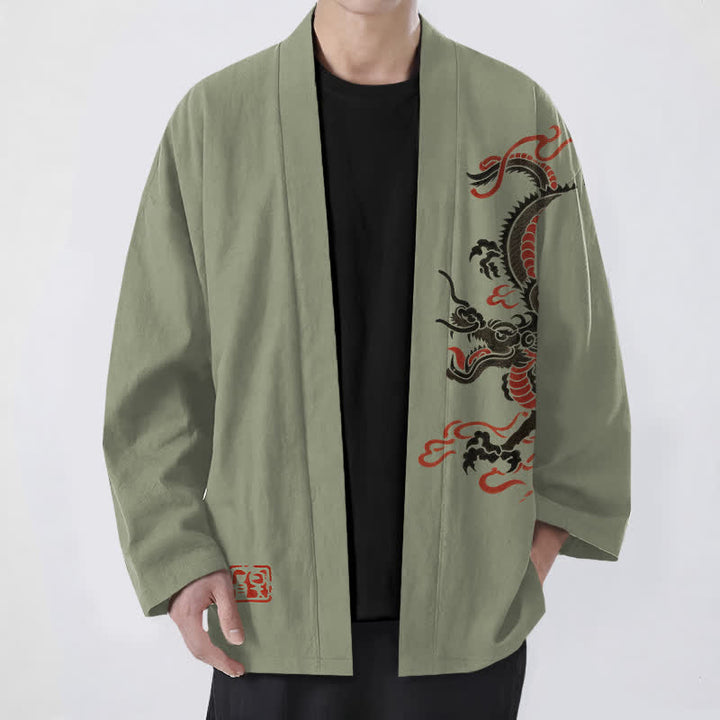 Buddha Stones Kimono da uomo in cotone nero con motivo drago rosso e apertura frontale. - Verde oliva - US/UK/AU48, EU58 (4XL) - image 9