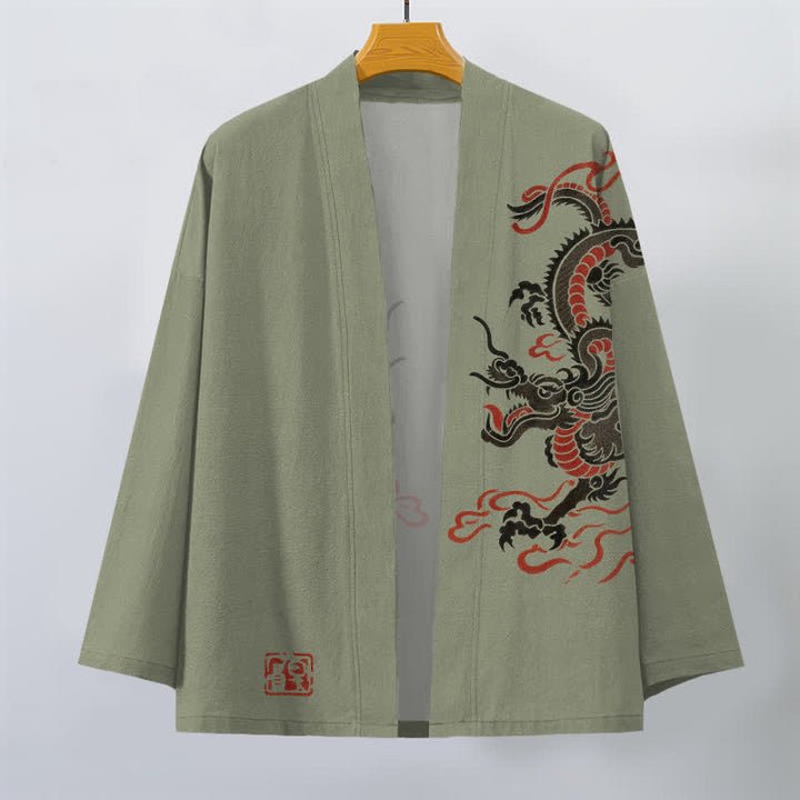 Buddha Stones Kimono da uomo in cotone nero con motivo drago rosso e apertura frontale. - image 10