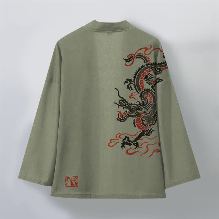 Buddha Stones Kimono da uomo in cotone nero con motivo drago rosso e apertura frontale. - image 11