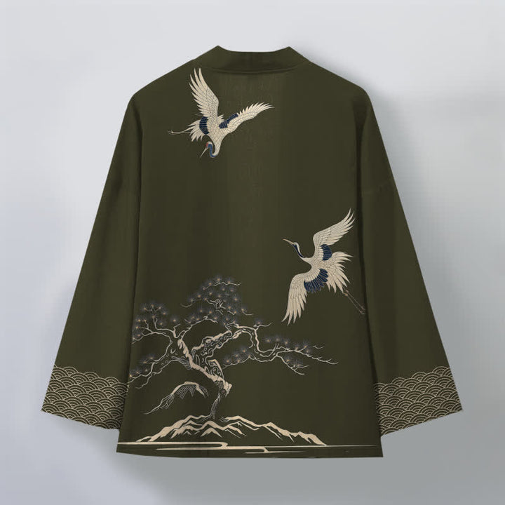 Buddha Stones Kimono da uomo in cotone con motivo paesaggio di pini e gru, aperto sul davanti. - image 2