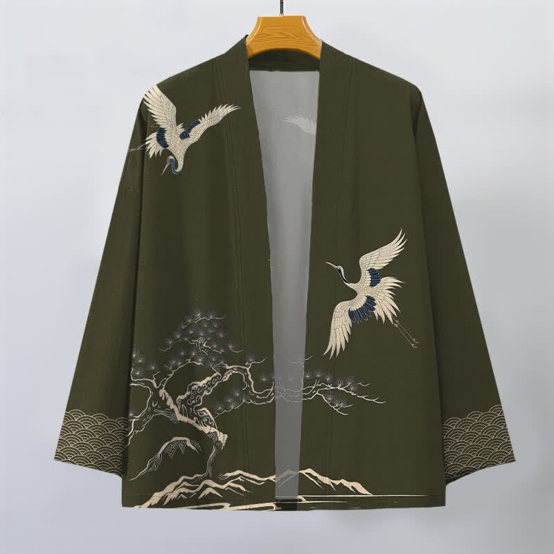 Buddha Stones Kimono da uomo in cotone con motivo paesaggio di pini e gru, aperto sul davanti. - image 1