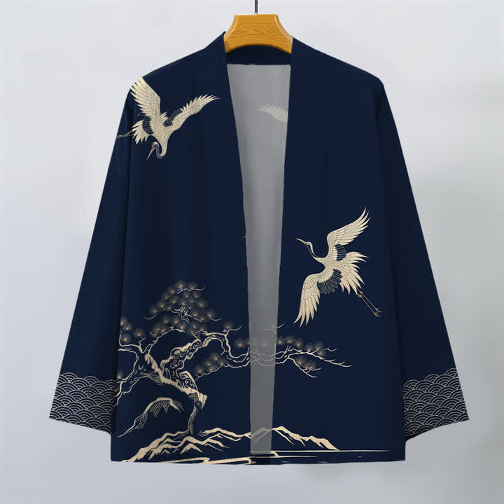 Buddha Stones Kimono da uomo in cotone con motivo paesaggio di pini e gru, aperto sul davanti. - image 7