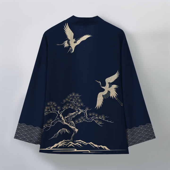 Buddha Stones Kimono da uomo in cotone con motivo paesaggio di pini e gru, aperto sul davanti. - image 8