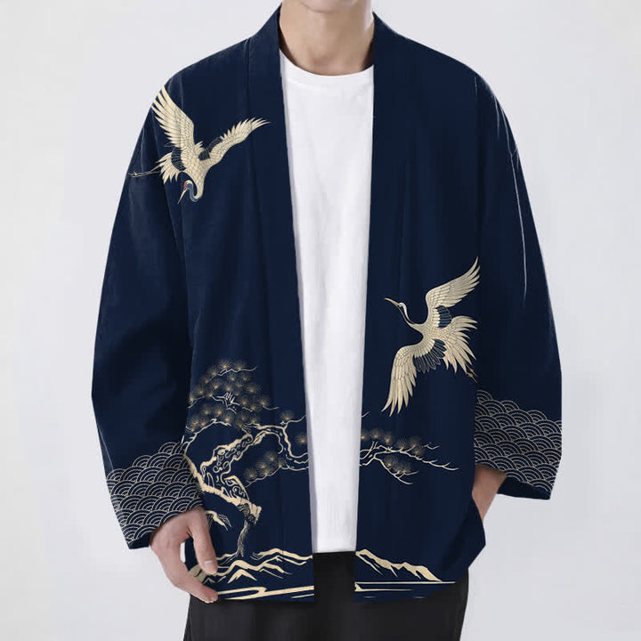 Buddha Stones Kimono da uomo in cotone con motivo paesaggio di pini e gru, aperto sul davanti. - Marina - US/UK/AU48, EU58 (4XL) - image 6