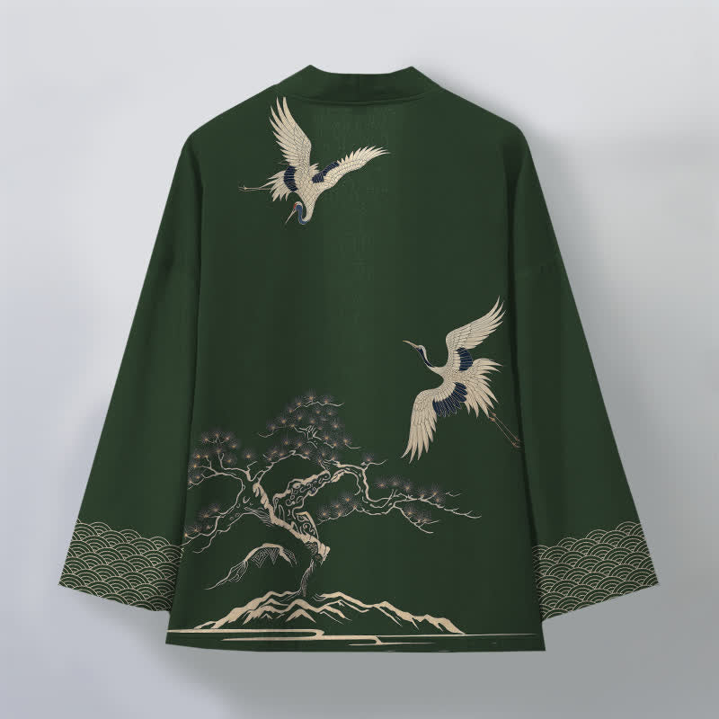 Buddha Stones Kimono da uomo in cotone con motivo paesaggio di pini e gru, aperto sul davanti. - image 11