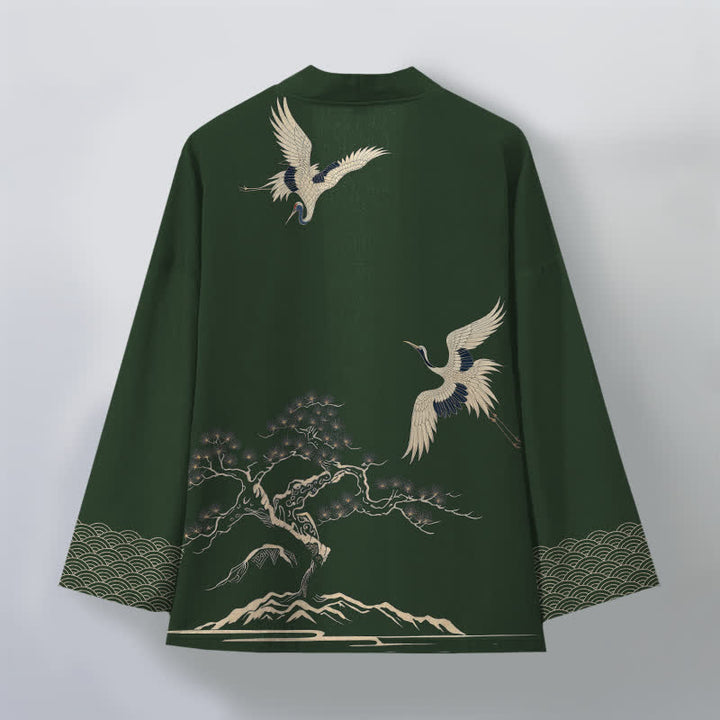 Buddha Stones Kimono da uomo in cotone con motivo paesaggio di pini e gru, aperto sul davanti. - image 11