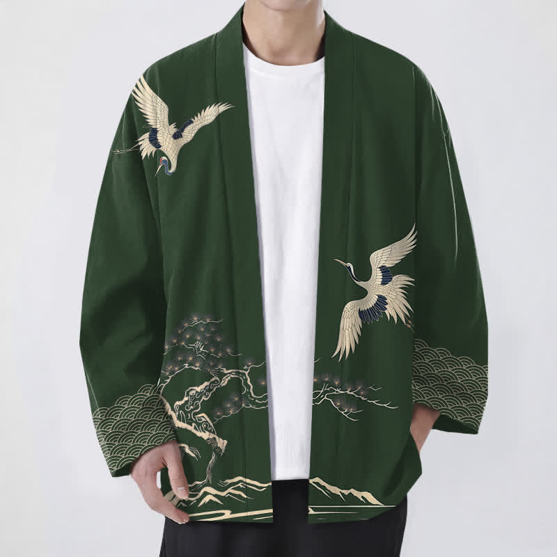Buddha Stones Kimono da uomo in cotone con motivo paesaggio di pini e gru, aperto sul davanti. - Verde scuro - US/UK/AU48, EU58 (4XL) - image 9