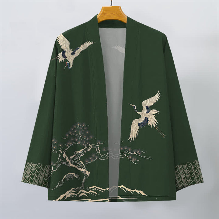 Buddha Stones Kimono da uomo in cotone con motivo paesaggio di pini e gru, aperto sul davanti. - image 10