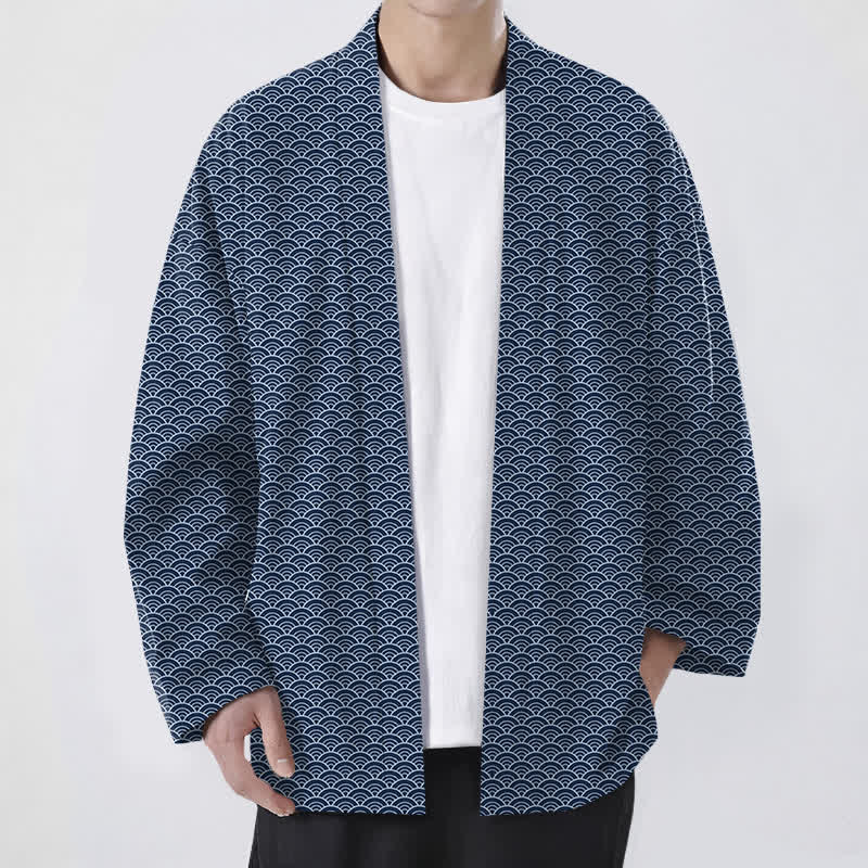 Buddha Stones Kimono da uomo in cotone con motivo a onde oceaniche giapponesi e apertura frontale. - Marina - US/UK/AU48, EU58 (4XL) - image 0