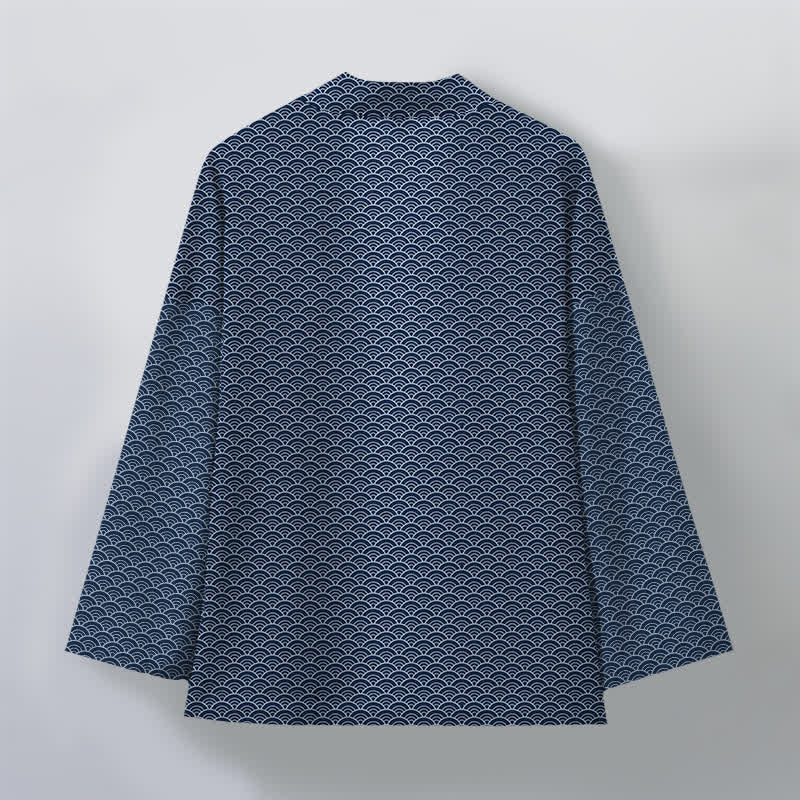 Buddha Stones Kimono da uomo in cotone con motivo a onde oceaniche giapponesi e apertura frontale. - image 2