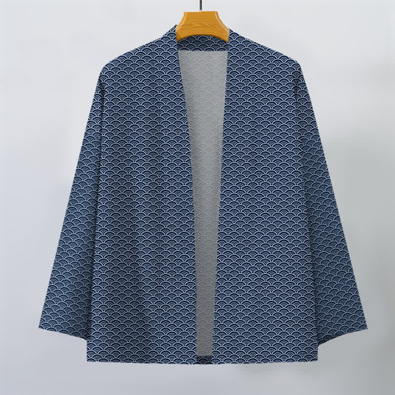 Buddha Stones Kimono da uomo in cotone con motivo a onde oceaniche giapponesi e apertura frontale. - image 1