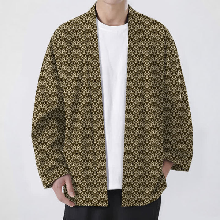 Buddha Stones Kimono da uomo in cotone con motivo a onde oceaniche giapponesi e apertura frontale. - Verga d'oro scura - US/UK/AU48, EU58 (4XL) - image 6
