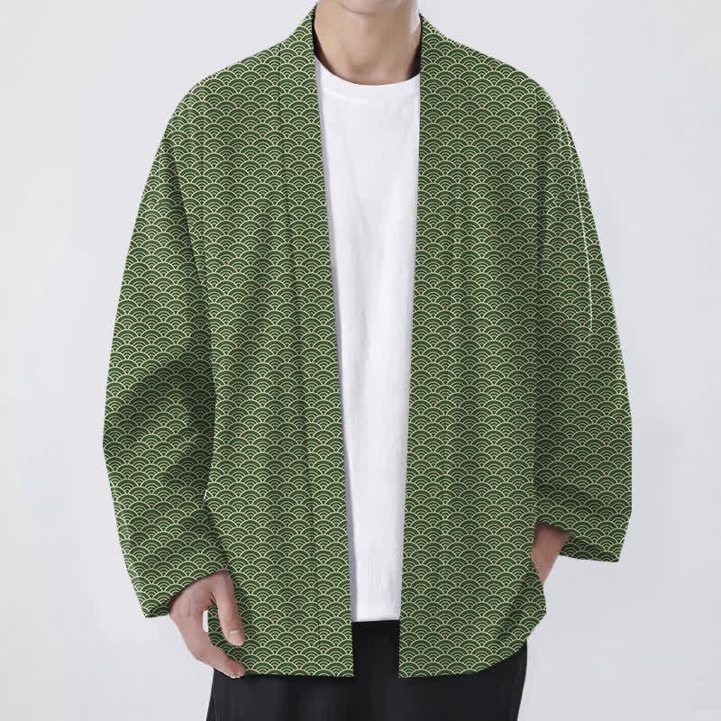 Buddha Stones Kimono da uomo in cotone con motivo a onde oceaniche giapponesi e apertura frontale. - Verde oliva - US/UK/AU48, EU58 (4XL) - image 9