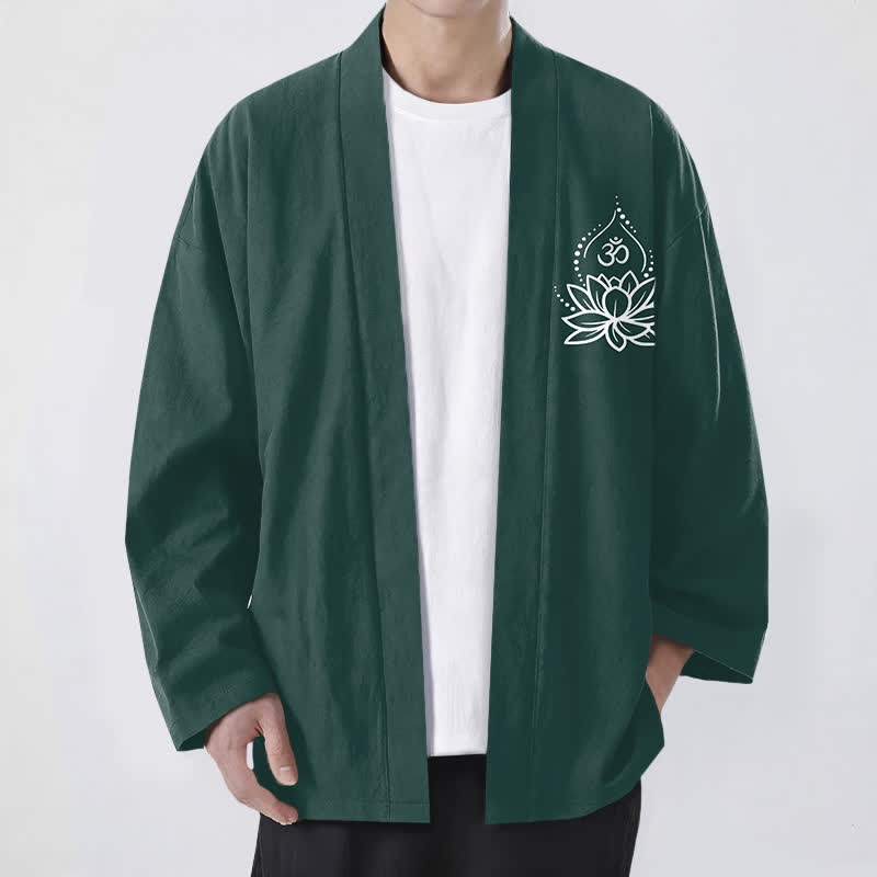 Buddha Stones Kimono da uomo aperto sul davanti con motivo Lotus Om in cotone - Verde scuro - US/UK/AU48, EU58 (4XL) - image 9