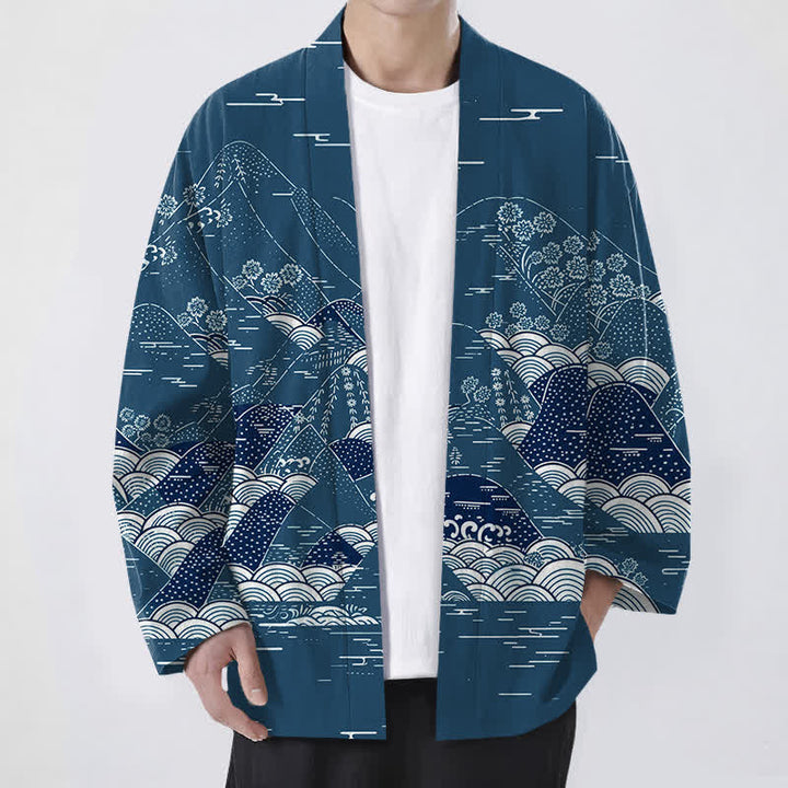 Buddha Stones Kimono da uomo in cotone con motivo a onde e paesaggio giapponese, aperto sul davanti. - Verde acqua - US/UK/AU48, EU58 (4XL) - image 0