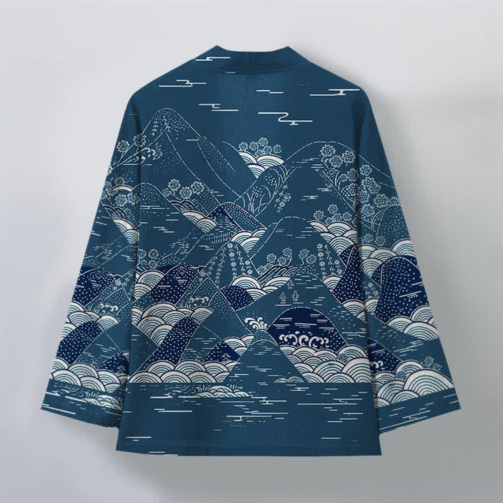 Buddha Stones Kimono da uomo in cotone con motivo a onde e paesaggio giapponese, aperto sul davanti. - image 2
