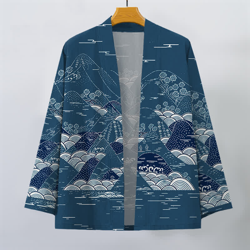 Buddha Stones Kimono da uomo in cotone con motivo a onde e paesaggio giapponese, aperto sul davanti. - image 1