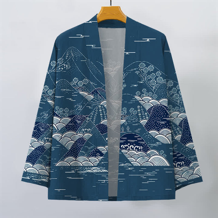 Buddha Stones Kimono da uomo in cotone con motivo a onde e paesaggio giapponese, aperto sul davanti. - image 1