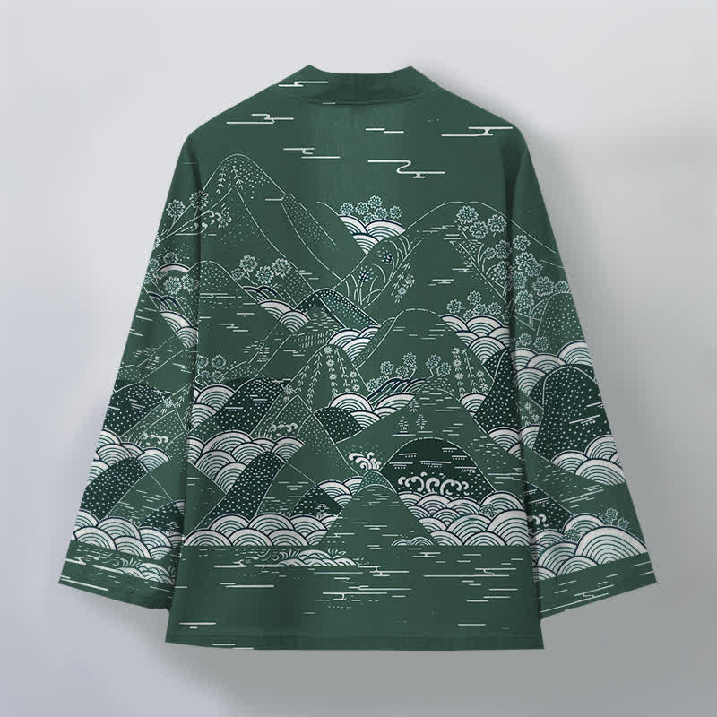 Buddha Stones Kimono da uomo in cotone con motivo a onde e paesaggio giapponese, aperto sul davanti. - image 8