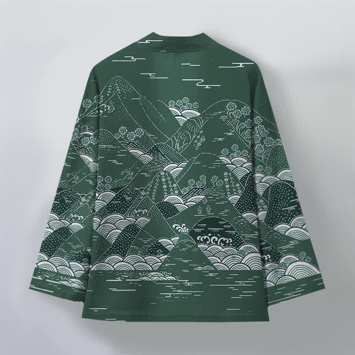 Buddha Stones Kimono da uomo in cotone con motivo a onde e paesaggio giapponese, aperto sul davanti. - image 8
