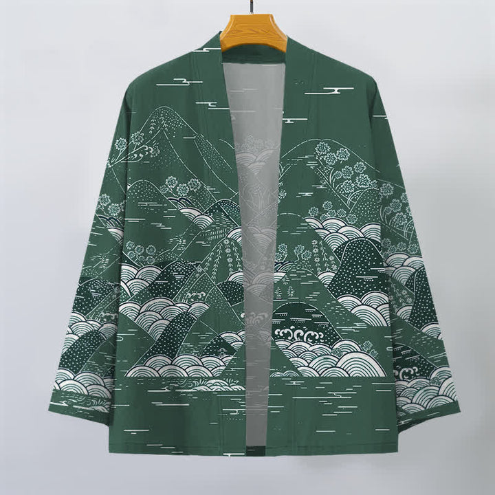 Buddha Stones Kimono da uomo in cotone con motivo a onde e paesaggio giapponese, aperto sul davanti. - image 7