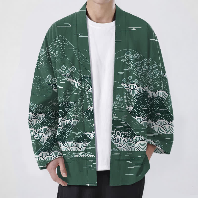 Buddha Stones Kimono da uomo in cotone con motivo a onde e paesaggio giapponese, aperto sul davanti. - Verde studentesco - US/UK/AU48, EU58 (4XL) - image 6