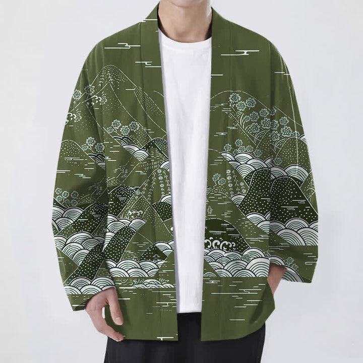 Buddha Stones Kimono da uomo in cotone con motivo a onde e paesaggio giapponese, aperto sul davanti. - Verde oliva - US/UK/AU48, EU58 (4XL) - image 9