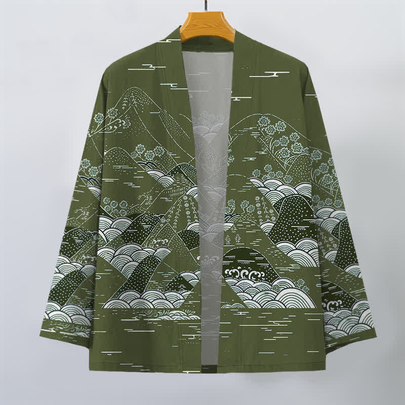 Buddha Stones Kimono da uomo in cotone con motivo a onde e paesaggio giapponese, aperto sul davanti. - image 10