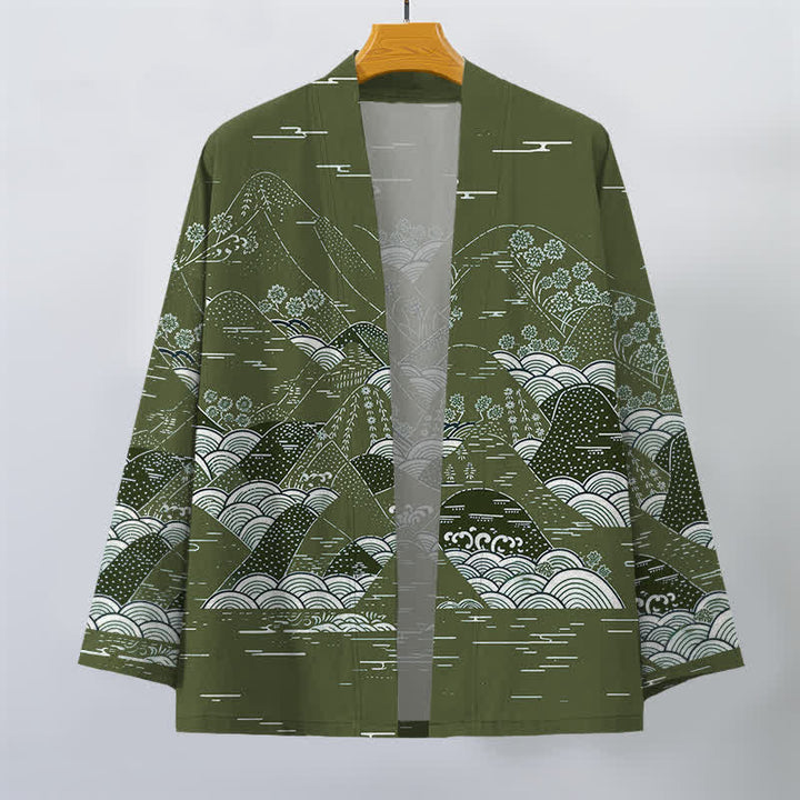 Buddha Stones Kimono da uomo in cotone con motivo a onde e paesaggio giapponese, aperto sul davanti. - image 10