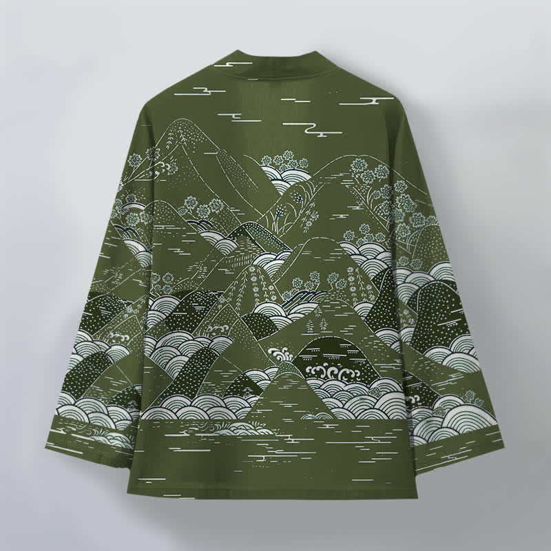 Buddha Stones Kimono da uomo in cotone con motivo a onde e paesaggio giapponese, aperto sul davanti. - image 11