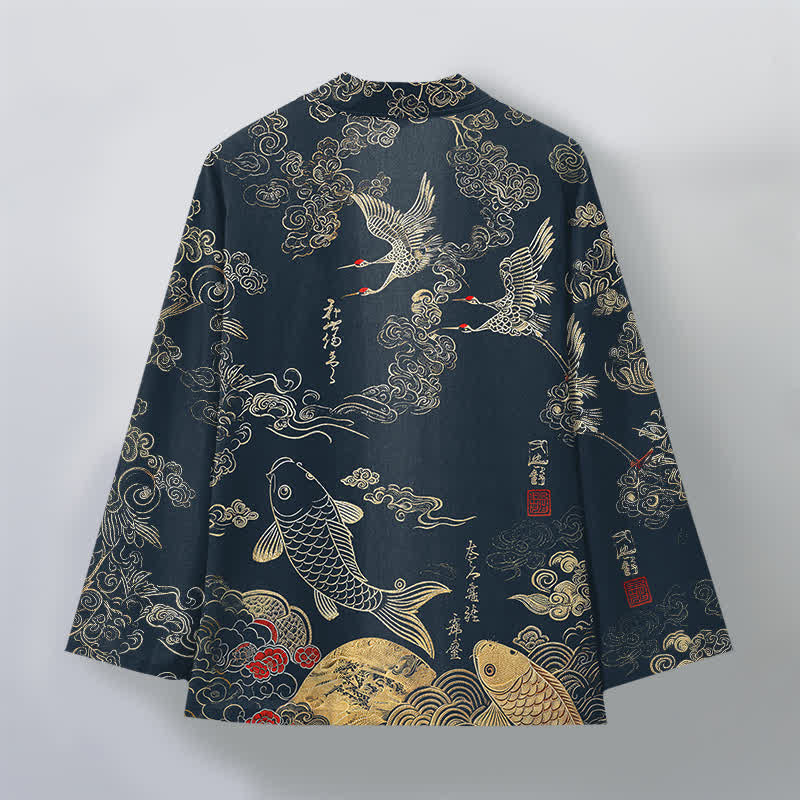 Buddha Stones Kimono da uomo in cotone con apertura frontale e motivo di gru cinesi e carpe koi. - image 2