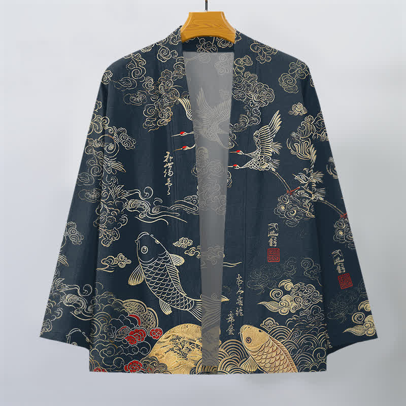 Buddha Stones Kimono da uomo in cotone con apertura frontale e motivo di gru cinesi e carpe koi. - image 1