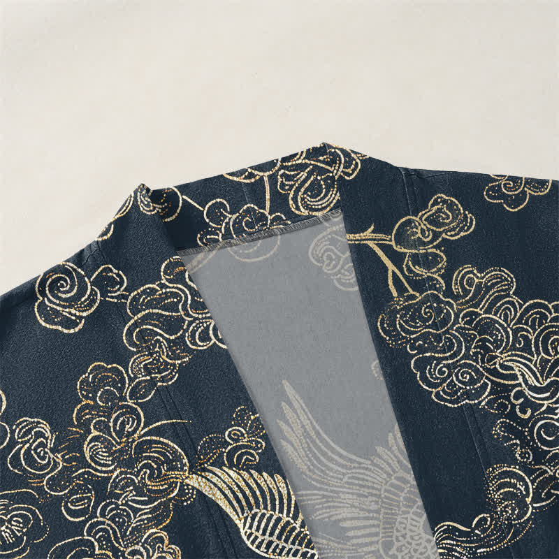Buddha Stones Kimono da uomo in cotone con apertura frontale e motivo di gru cinesi e carpe koi. - image 3