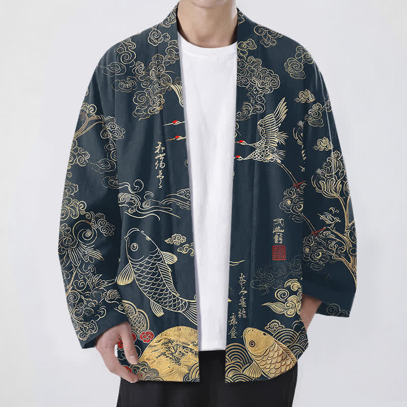 Buddha Stones Kimono da uomo in cotone con apertura frontale e motivo di gru cinesi e carpe koi. - Marina - US/UK/AU48, EU58 (4XL) - image 0