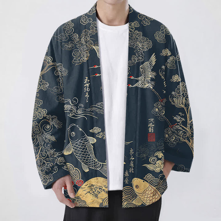Buddha Stones Kimono da uomo in cotone con apertura frontale e motivo di gru cinesi e carpe koi. - Marina - US/UK/AU48, EU58 (4XL) - image 0