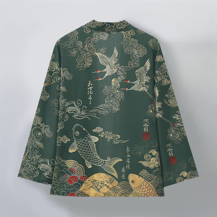 Buddha Stones Kimono da uomo in cotone con apertura frontale e motivo di gru cinesi e carpe koi. - image 8