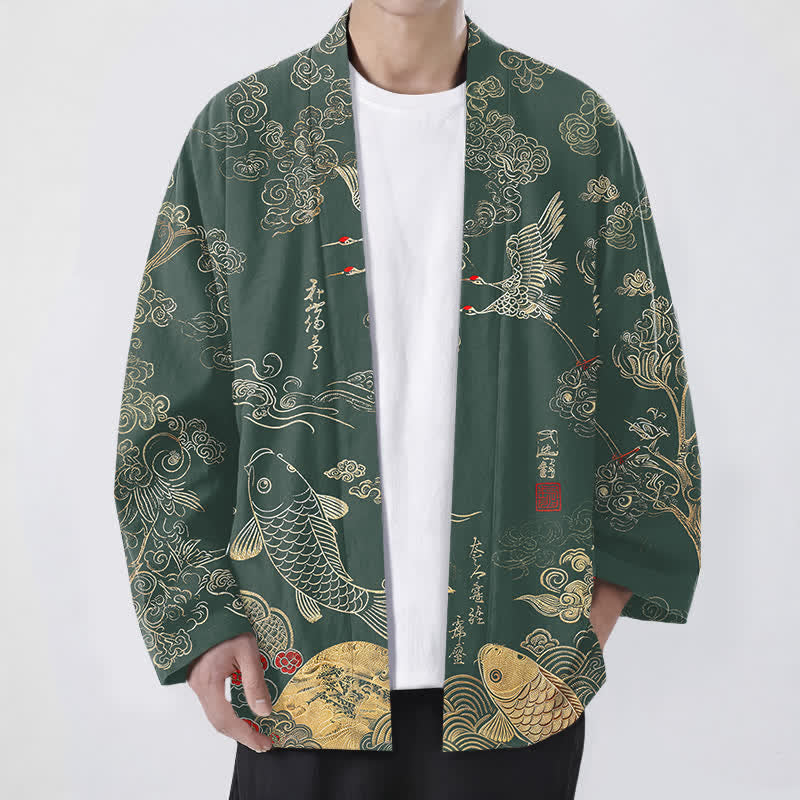 Buddha Stones Kimono da uomo in cotone con apertura frontale e motivo di gru cinesi e carpe koi. - Verde scuro - US/UK/AU48, EU58 (4XL) - image 6