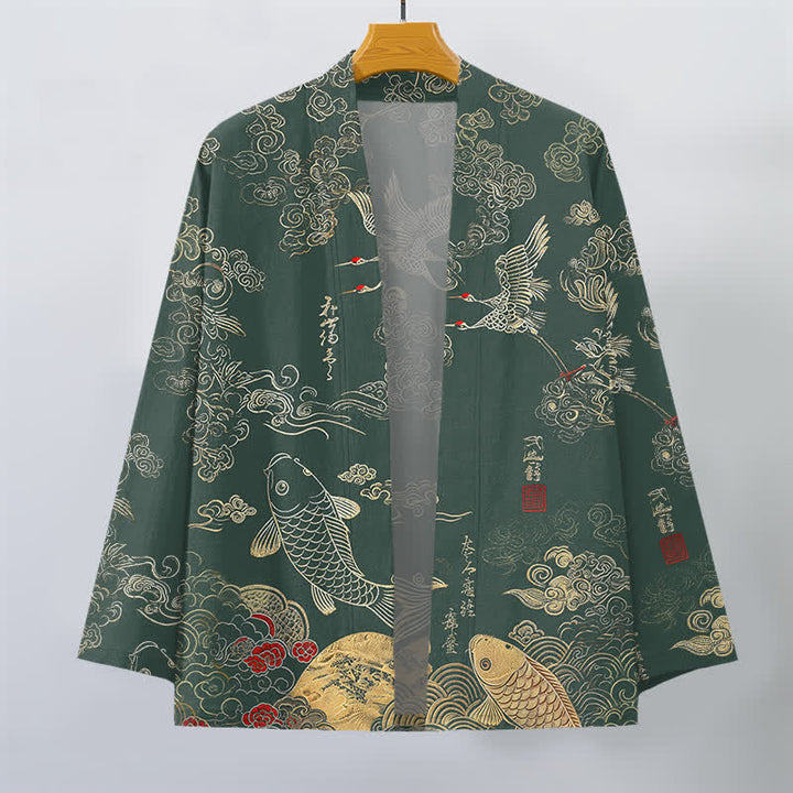Buddha Stones Kimono da uomo in cotone con apertura frontale e motivo di gru cinesi e carpe koi. - image 7