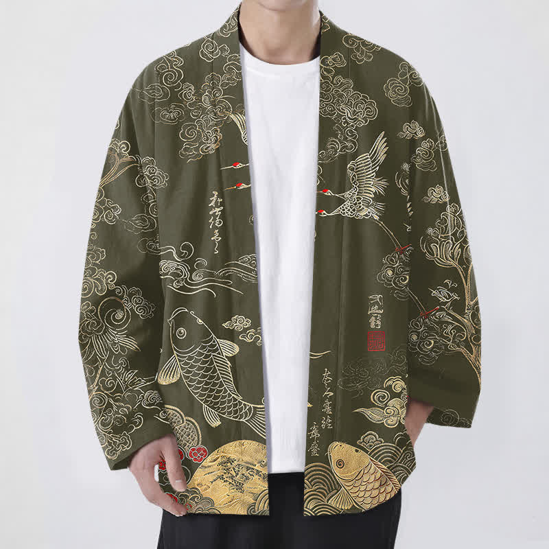 Buddha Stones Kimono da uomo in cotone con apertura frontale e motivo di gru cinesi e carpe koi. - Oliva - US/UK/AU48, EU58 (4XL) - image 9