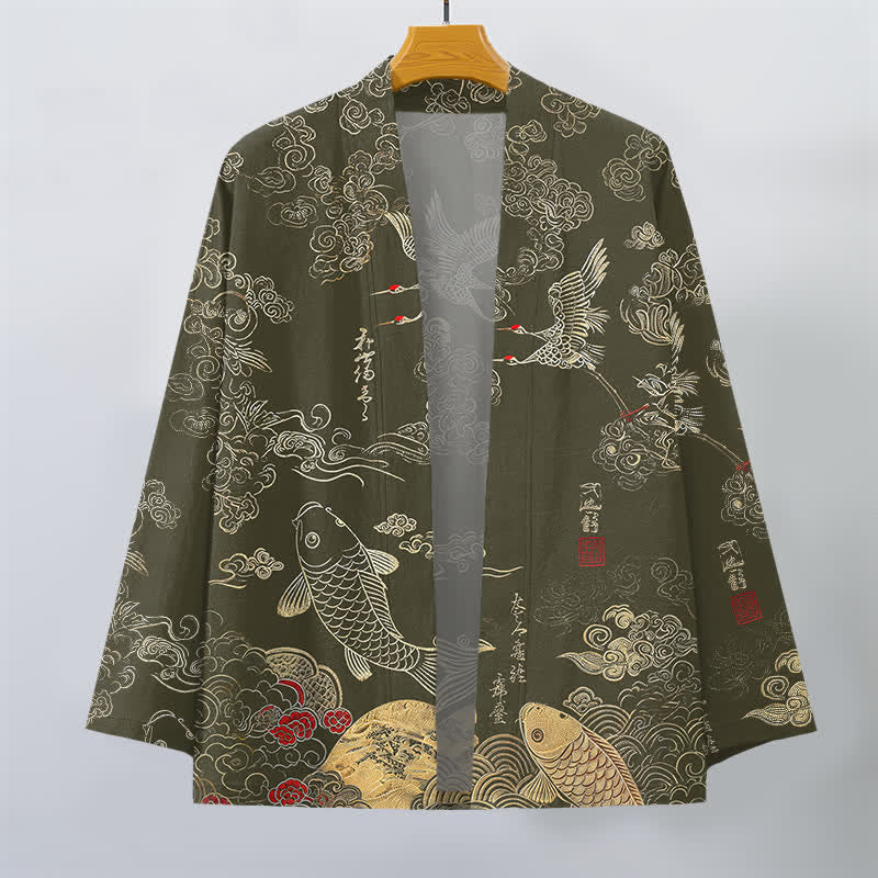 Buddha Stones Kimono da uomo in cotone con apertura frontale e motivo di gru cinesi e carpe koi. - image 10