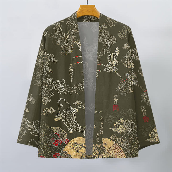 Buddha Stones Kimono da uomo in cotone con apertura frontale e motivo di gru cinesi e carpe koi. - image 10