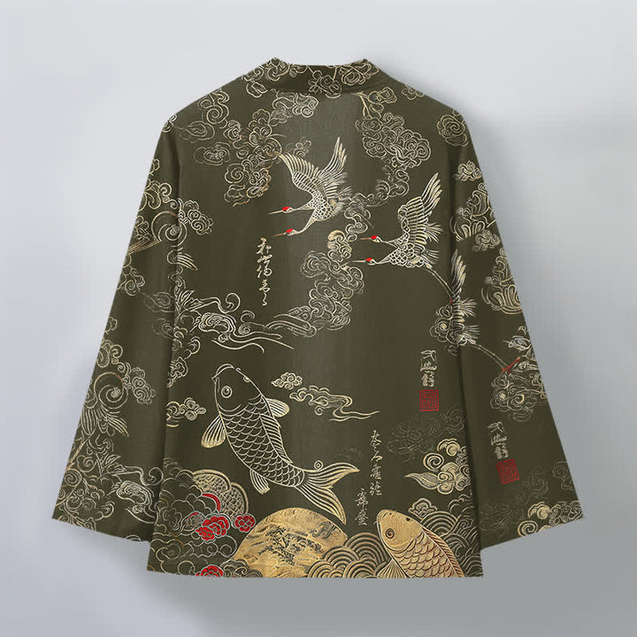 Buddha Stones Kimono da uomo in cotone con apertura frontale e motivo di gru cinesi e carpe koi. - image 11