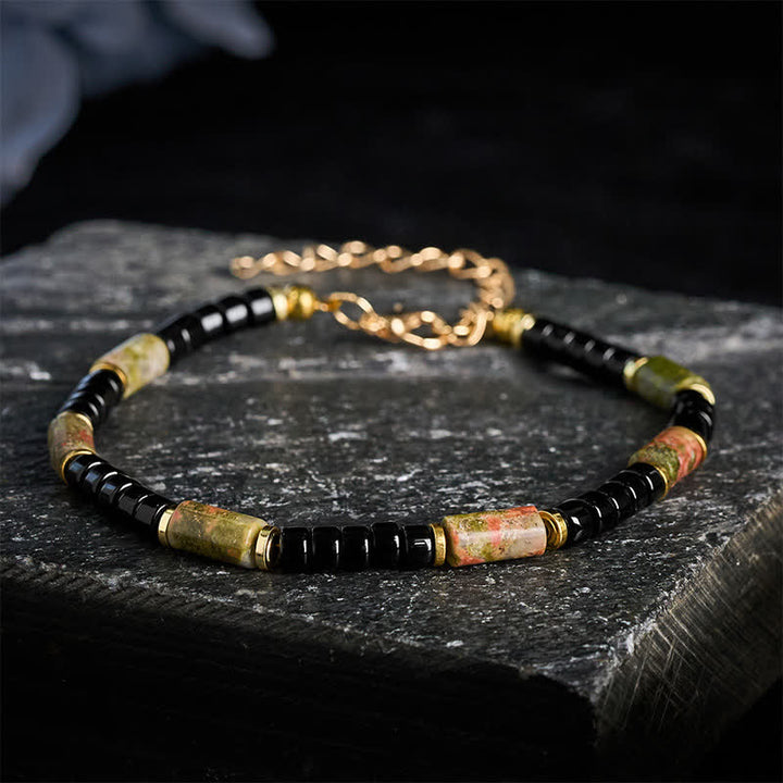 Buddha Stones Bracciale vintage con unakite, ematite e dettagli in rame. - Unakite ed ematite (Circonferenza del polso: 18-20 cm) - image 0