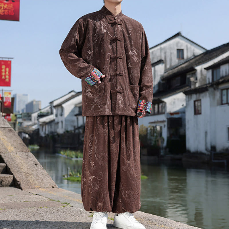 Buddha Stones Camicia e pantaloni da uomo in cotone stile Tang vintage con colletto alla coreana, bottoni a rana e motivo astratto, perfetti per la meditazione autunnale e invernale. Con tasche. - image 1