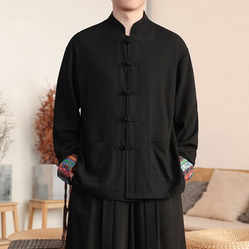 Buddha Stones Giacca da uomo casual autunno/inverno in stile Tang con bottoni a rana, colletto alla coreana e tasche. - Nero - US/UK/AU46, EU56 (5XL) - image 3