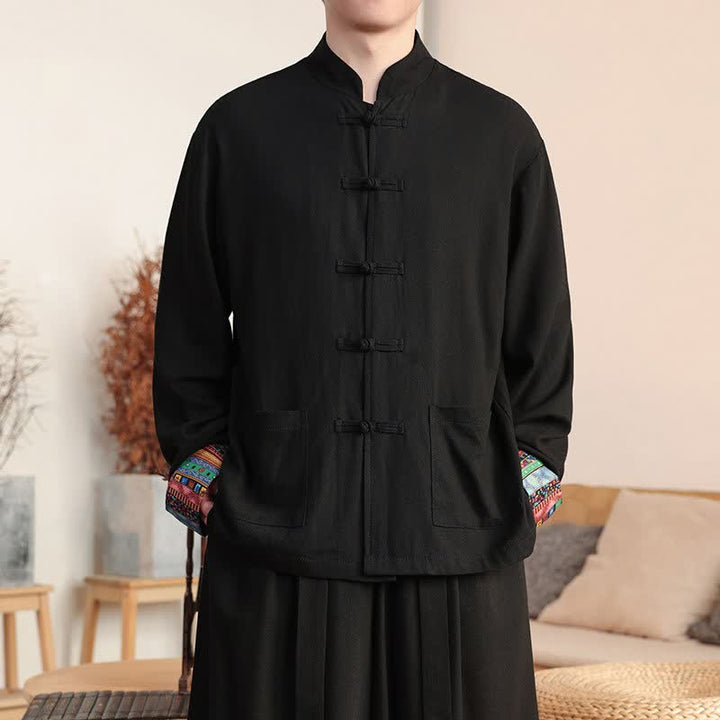 Buddha Stones Giacca da uomo casual autunno/inverno in stile Tang con bottoni a rana, colletto alla coreana e tasche. - Nero - US/UK/AU46, EU56 (5XL) - image 3