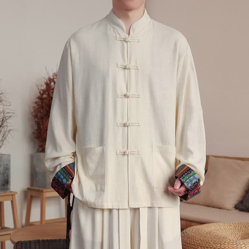 Buddha Stones Giacca da uomo casual autunno/inverno in stile Tang con bottoni a rana, colletto alla coreana e tasche. - Bianco antico - US/UK/AU46, EU56 (5XL) - image 0