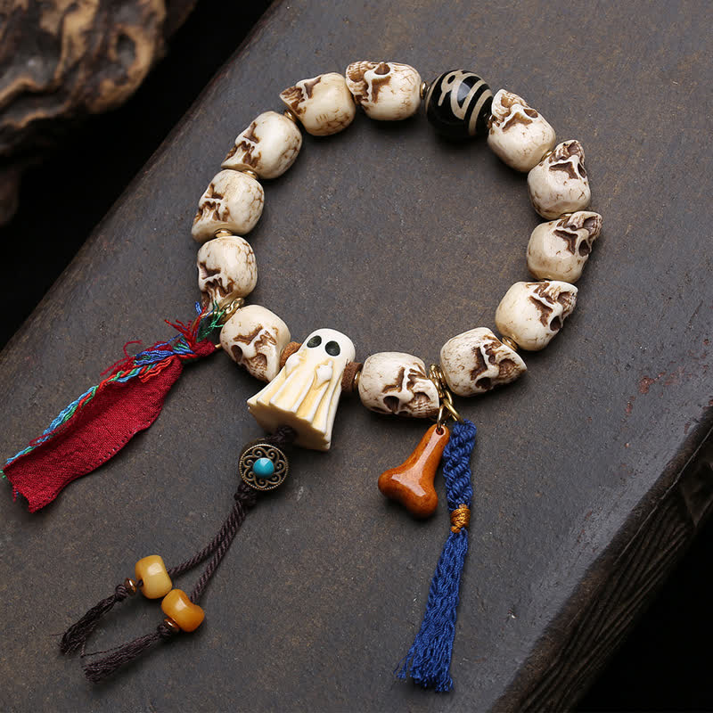 Buddha Stones Bracciale di protezione con perline Dzi della foresta del Signore dei Cadaveri in osso intagliato a mano. - 6,3–6,7 pollici / 16–17 cm - image 0